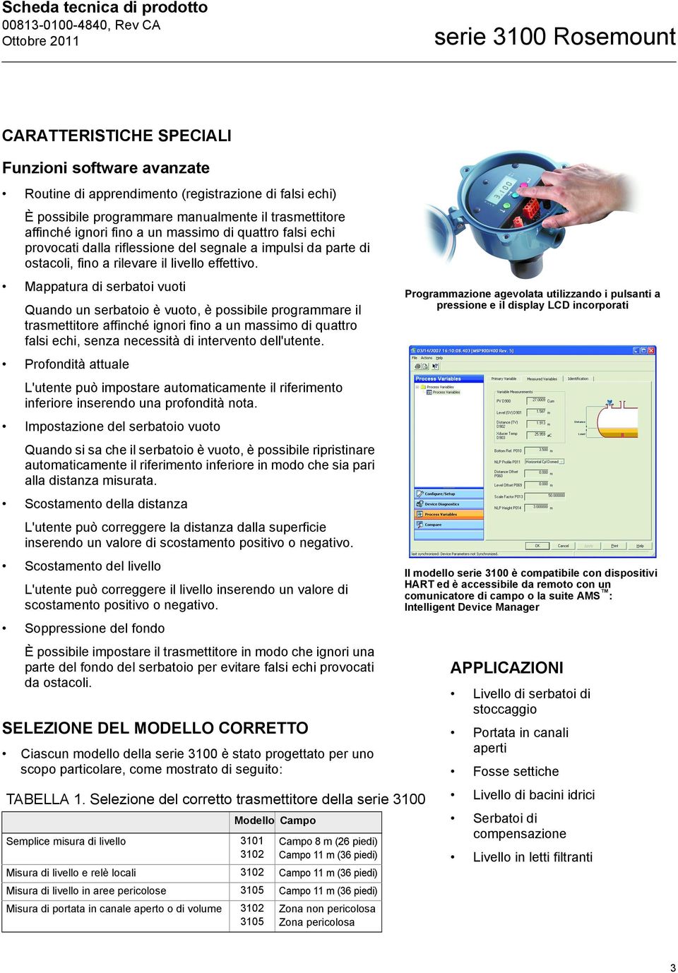 Mappatura di serbatoi vuoti Quando un serbatoio è vuoto, è possibile programmare il trasmettitore affinché ignori fino a un massimo di quattro falsi echi, senza necessità di intervento dell'utente.