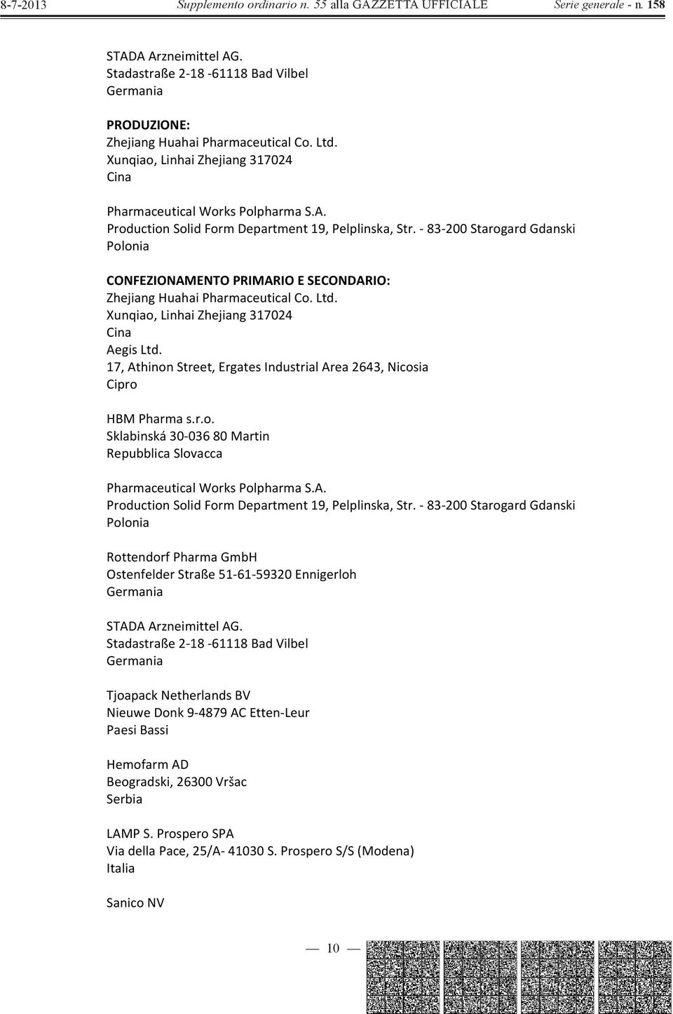 17,AthinonStreet,ErgatesIndustrialArea2643,Nicosia Cipro HBMPharmas.r.o. Sklabinská3003680Martin RepubblicaSlovacca PharmaceuticalWorksPolpharmaS.A. ProductionSolidFormDepartment19,Pelplinska,Str.