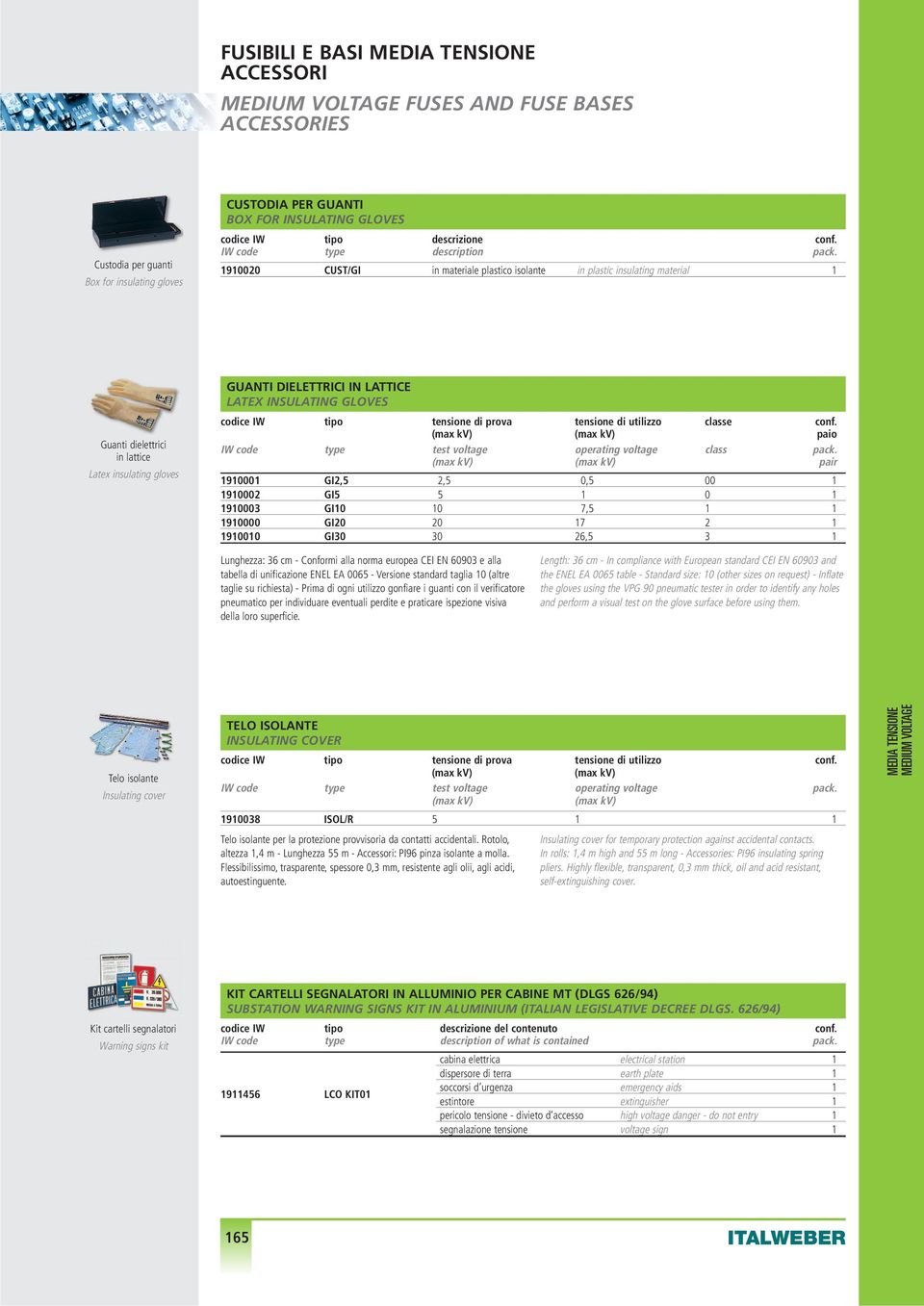 1910020 CUST/GI in materiale plastico isolante in plastic insulating material 1 Guanti dielettrici in lattice Latex insulating gloves GUANTI DIELETTRICI IN LATTICE LATEX INSULATING GLOVES codice IW