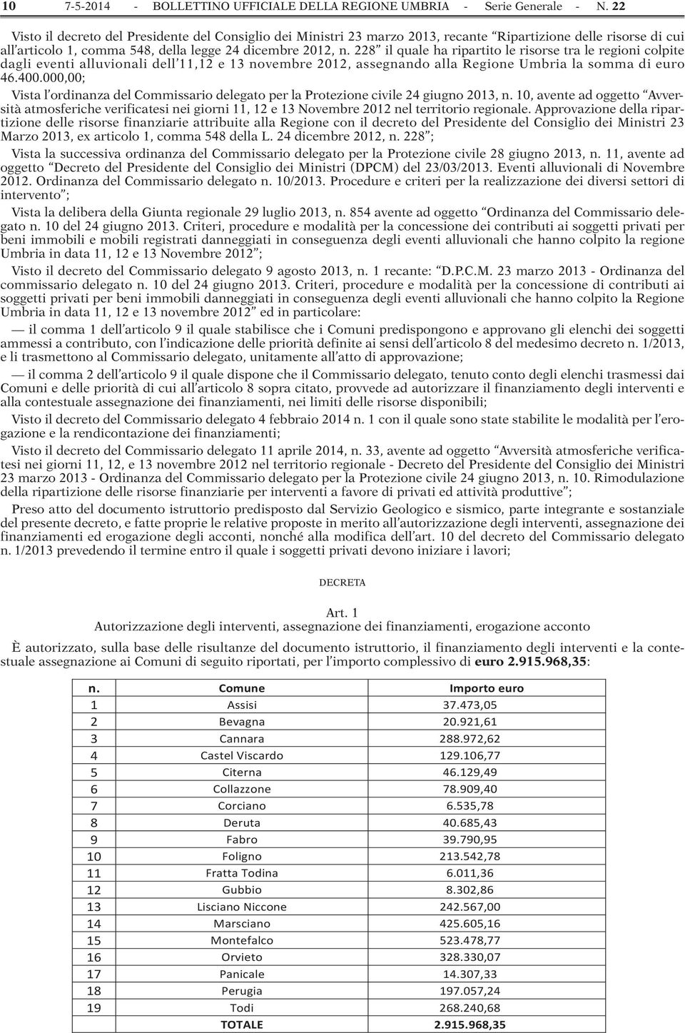 228 il quale ha ripartito le risorse tra le regioni colpite dagli eventi alluvionali dell 11,12 e 13 novembre 2012, assegnando alla Regione Umbria la somma di euro 46.400.