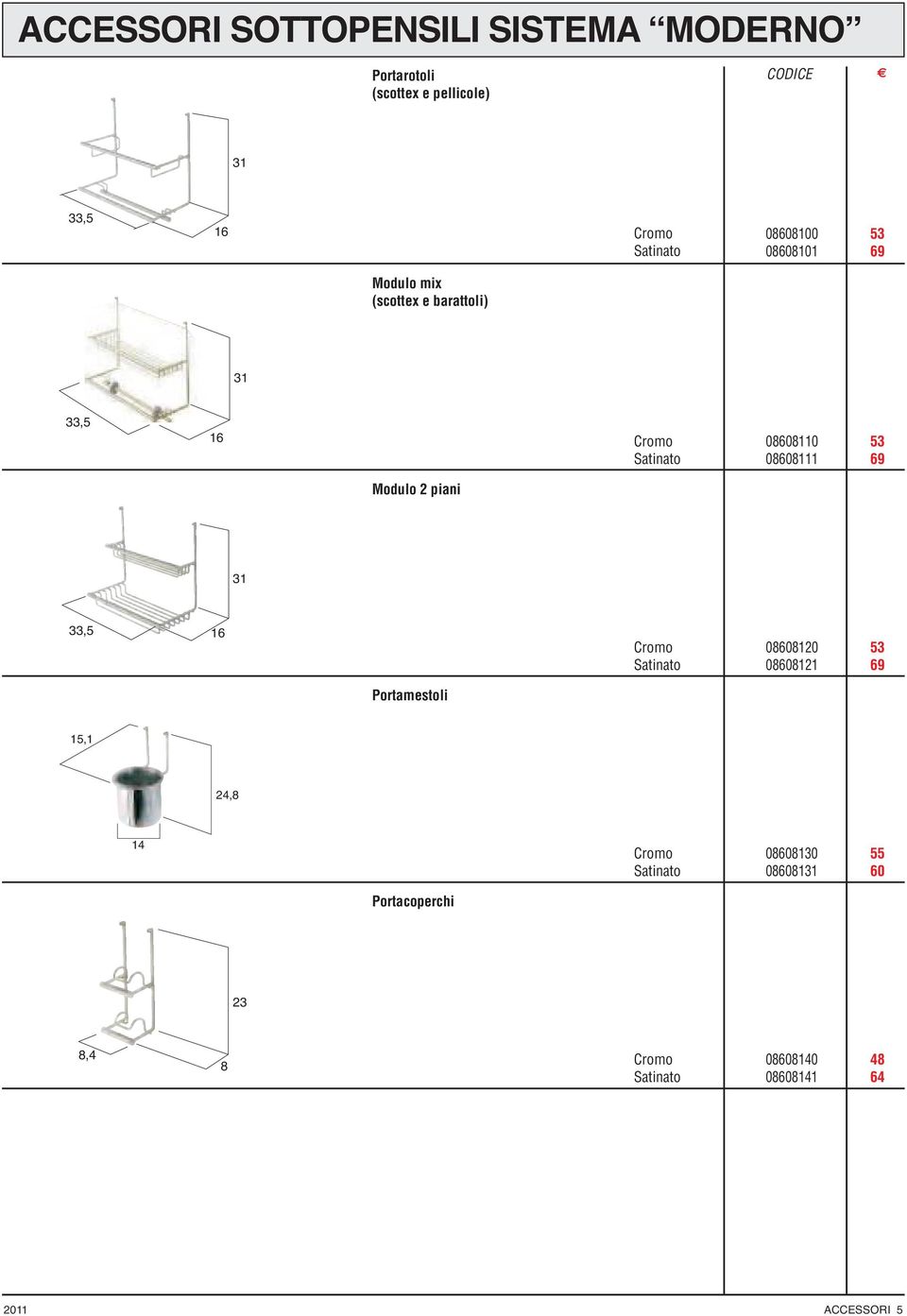 53 69 Modulo 2 piani 31 33,5 16 Cromo Satinato 08608120 08608121 53 69 Portamestoli 15,1 2,8 1 Cromo