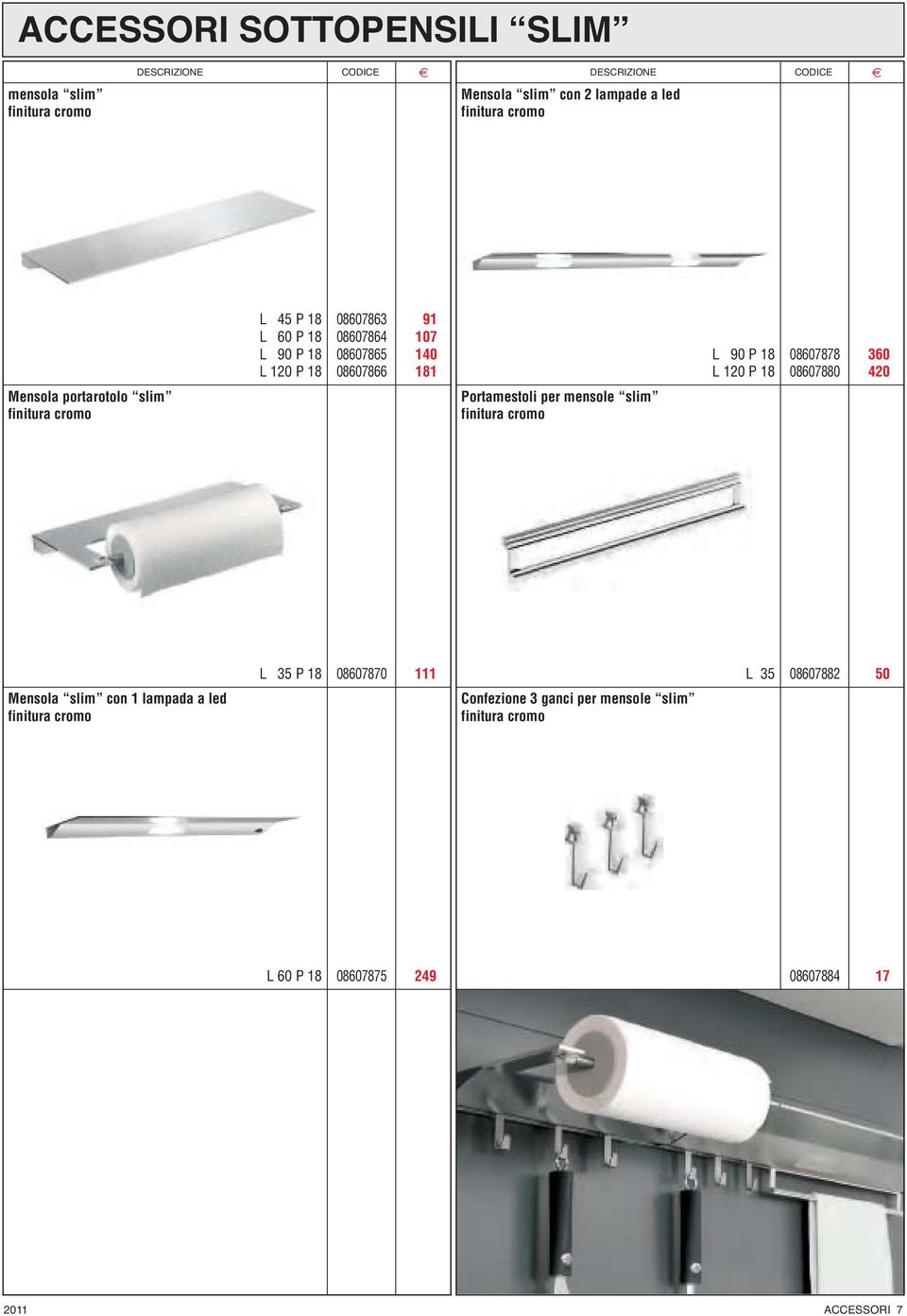 360 20 Mensola portarotolo slim finitura cromo Portamestoli per mensole slim finitura cromo L 035 P 18 08607870 111 L035 08607882 50