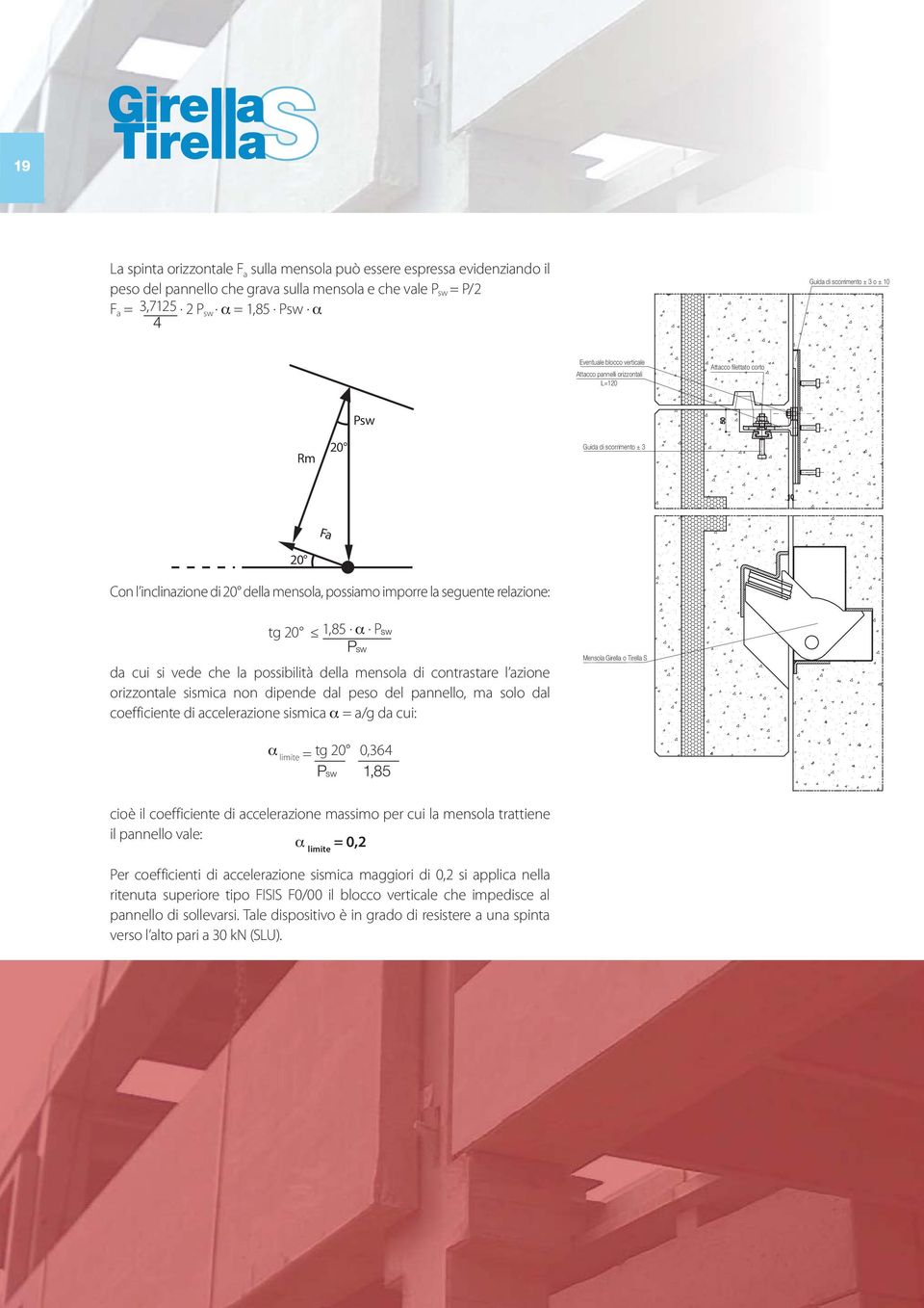 . Psw da cui si vede che la possibilità della mensola di contrastare l azione orizzontale sismica non dipende dal peso del pannello, ma solo dal coefficiente di accelerazione sismica = a/g da cui: