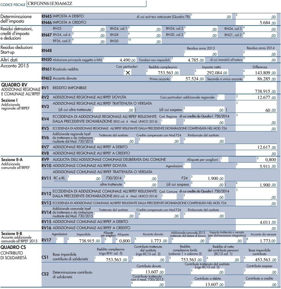 di cui immobili all estero RN Ricalcolo reddito particolari Reddito complessivo Imposta netta Differenza..0.0 RN Acconto dovuto Primo acconto. Secondo o unico acconto.