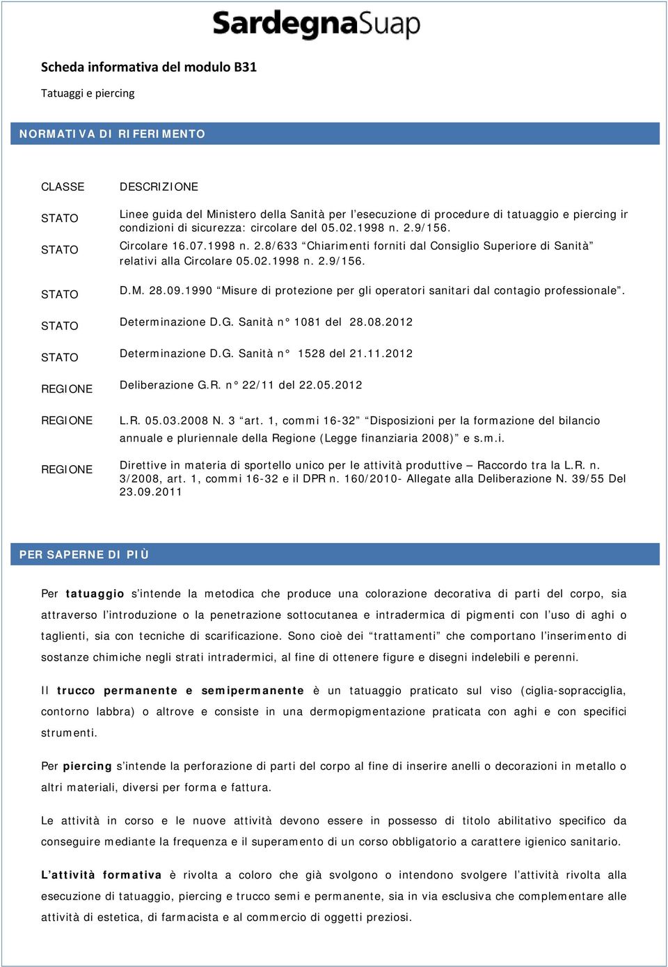 1990 Misure di protezione per gli operatori sanitari dal contagio professionale. STATO Determinazione D.G. Sanità n 1081 del 28.08.2012 STATO Determinazione D.G. Sanità n 1528 del 21.11.