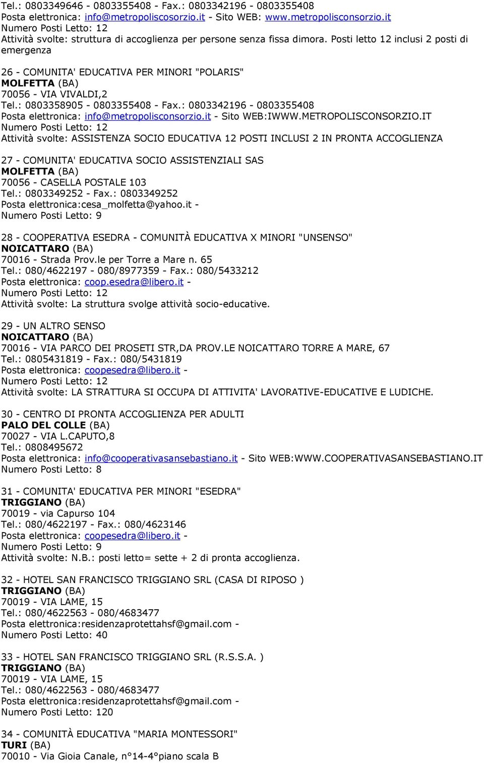 : 0803358905-0803355408 - Fax.: 0803342196-0803355408 Posta elettronica: info@metropolisconsorzio.it - Sito WEB:IWWW.METROPOLISCONSORZIO.