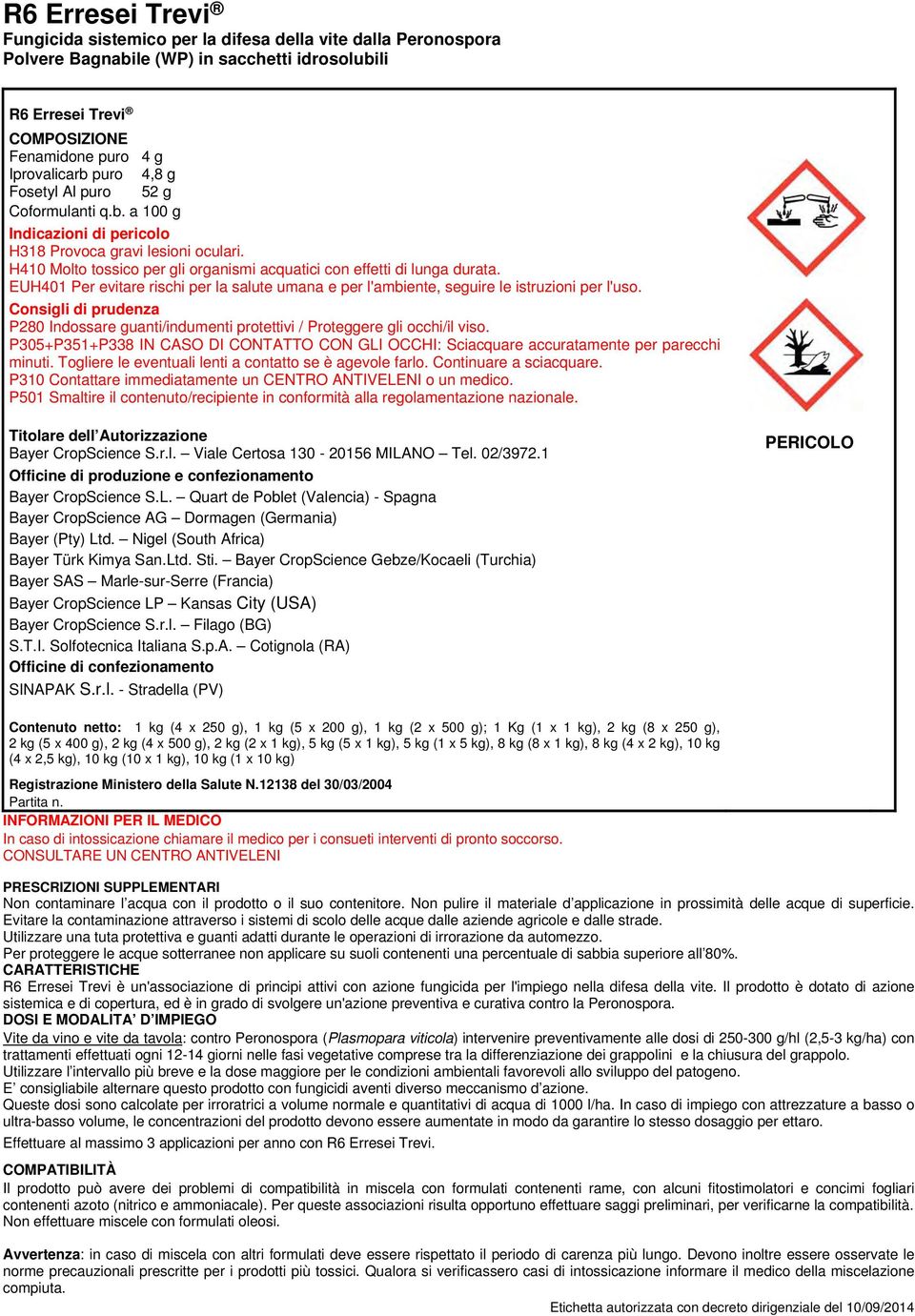 EUH401 Per evitare rischi per la salute umana e per l'ambiente, seguire le istruzioni per l'uso. Consigli di prudenza P280 Indossare guanti/indumenti protettivi / Proteggere gli occhi/il viso.