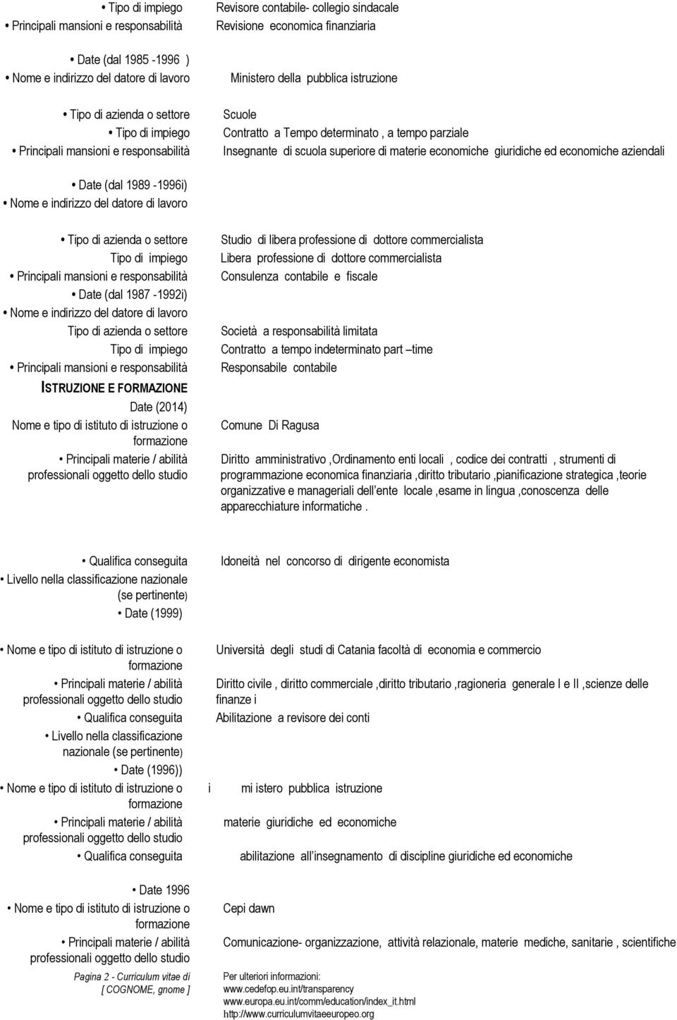 (dal 1987-1992i) Nome e indirizzo del datore di lavoro Tipo di azienda o settore Tipo di impiego ISTRUZIONE E FORMAZIONE Date (2014) Nome e tipo di istituto di istruzione o Studio di libera