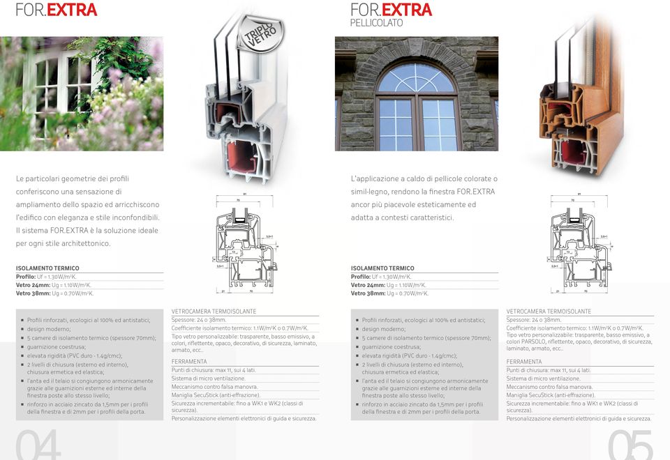 EXTRA è la soluzione ideale per ogni stile architettonico. Profilo: Uf = 1.30W/m 2 K. Profilo: Uf = 1.30W/m 2 K. Vetro 24mm: Ug = 1.10W/m 2 K. Vetro 24mm: Ug = 1.10W/m 2 K. Vetro 38mm: Ug = 0.