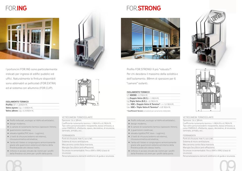 7W/m 2 K. Ug Doppio Vetro (B.E.): = 1.1W/m 2 K. Profilo: Uf = 1.30W/m 2 K. Vetro 24mm: Ug = 1.10W/m 2 K. Ug Triplo Vetro (B.E.): = 0.7W/m 2 K. Uw KBE + Doppio Vetro K Termico* = 1.0 W/m 2 K.