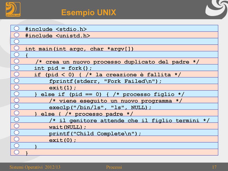 creazione è fallita */ fprintf(stderr, "Fork Failed\n"); exit(1); } else if (pid == 0) { /* processo figlio */ /* viene eseguito un