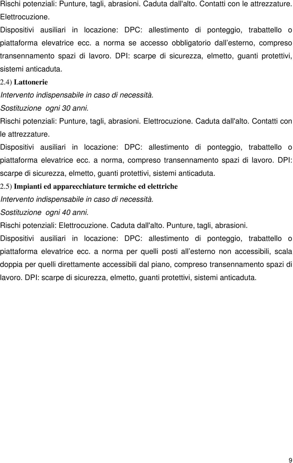 DPI: scarpe di sicurezza, elmetto, guanti protettivi, sistemi anticaduta. 2.4) Lattonerie Intervento indispensabile in caso di necessità. Sostituzione ogni 30 anni.