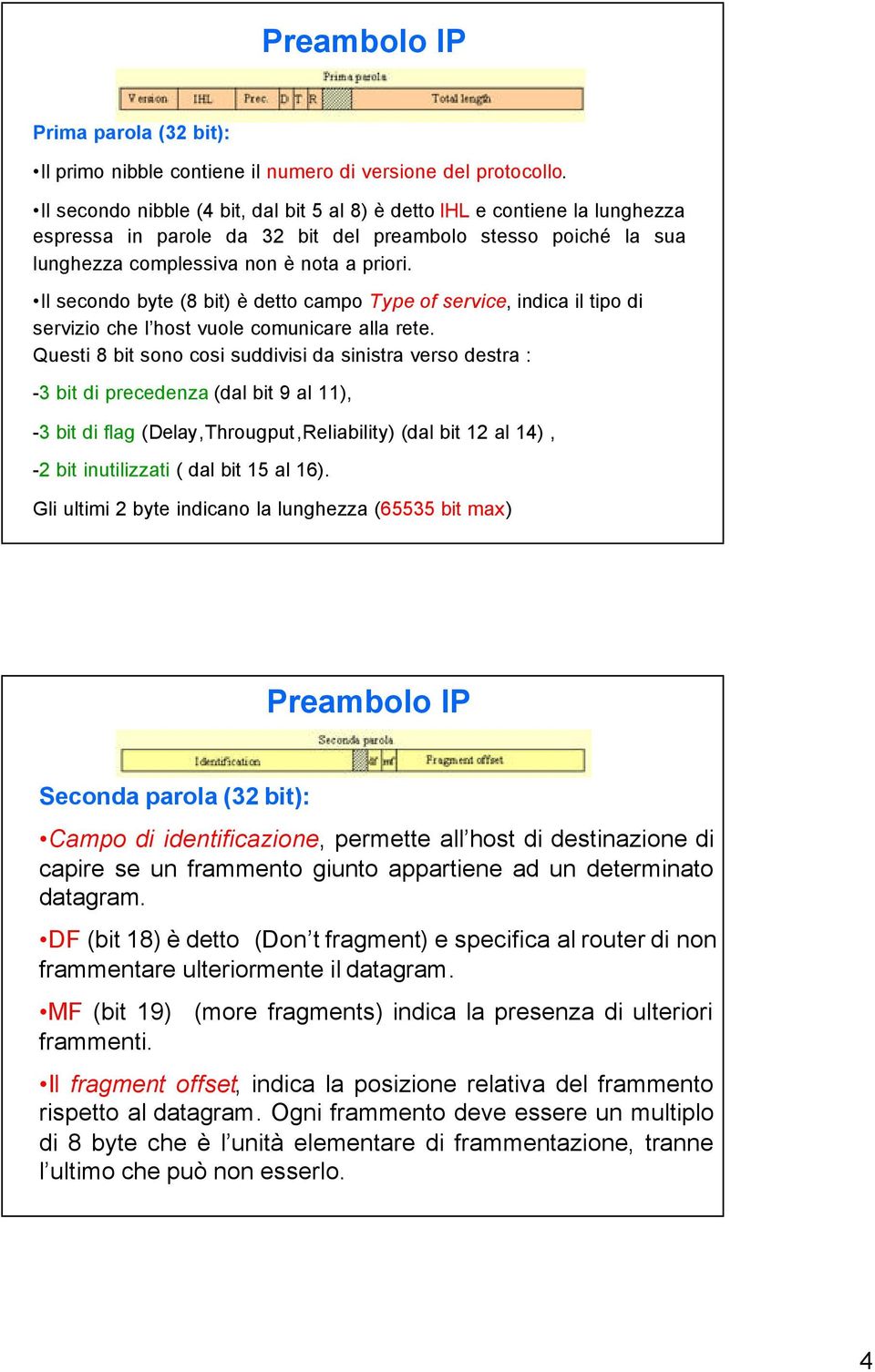 Il secondo byte (8 bit) è detto campo Type of service, indica il tipo di servizio che l host vuole comunicare alla rete.