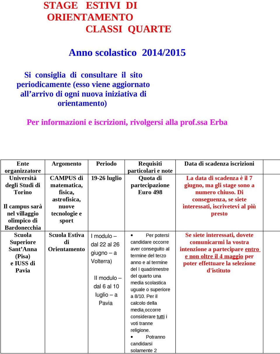 ssa Erba Ente organizzatore degli Studi di Torino Il campus sarà nel villaggio olimpico di Bardonecchia Scuola Superiore Sant Anna (Pisa) e IUSS di Pavia Argomento Periodo Requisiti particolari e