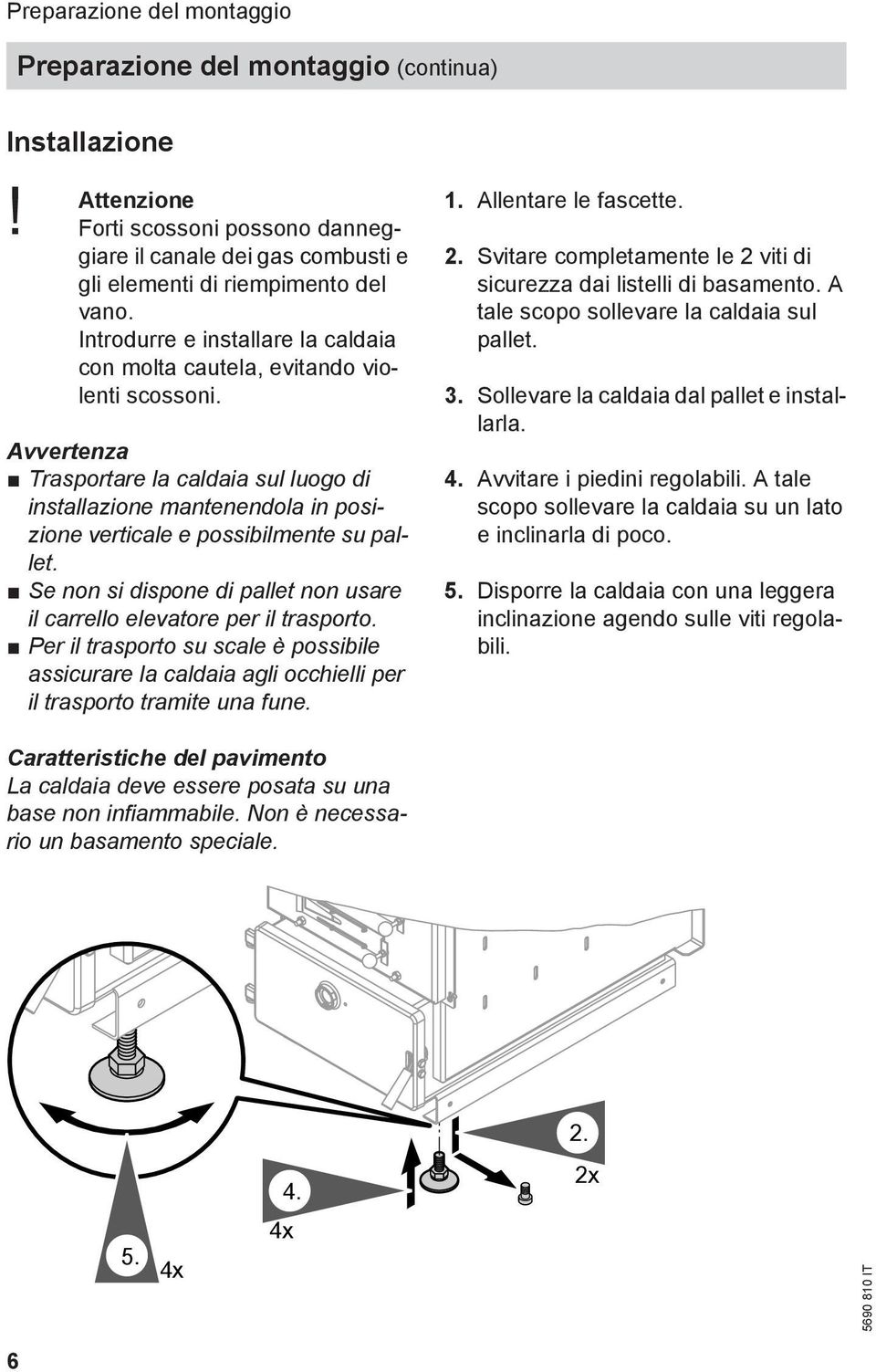 Avvertenza Trasportare la caldaia sul luogo di installazione mantenendola in posizione verticale e possibilmente su pallet.