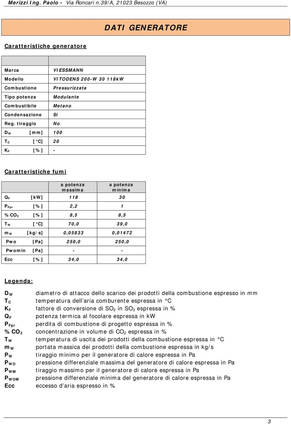 2,2 1 %CO 2 [%] 8,5 8,5 T W [ C] 70,0 39,0 m W [kg/s] 0,05833 0,01472 Pwo [Pa] 250,0 250,0 Pwomin [Pa] - - Ecc [%] 34,0 34,0 Legenda: D W diametro di attacco dello scarico dei prodotti della