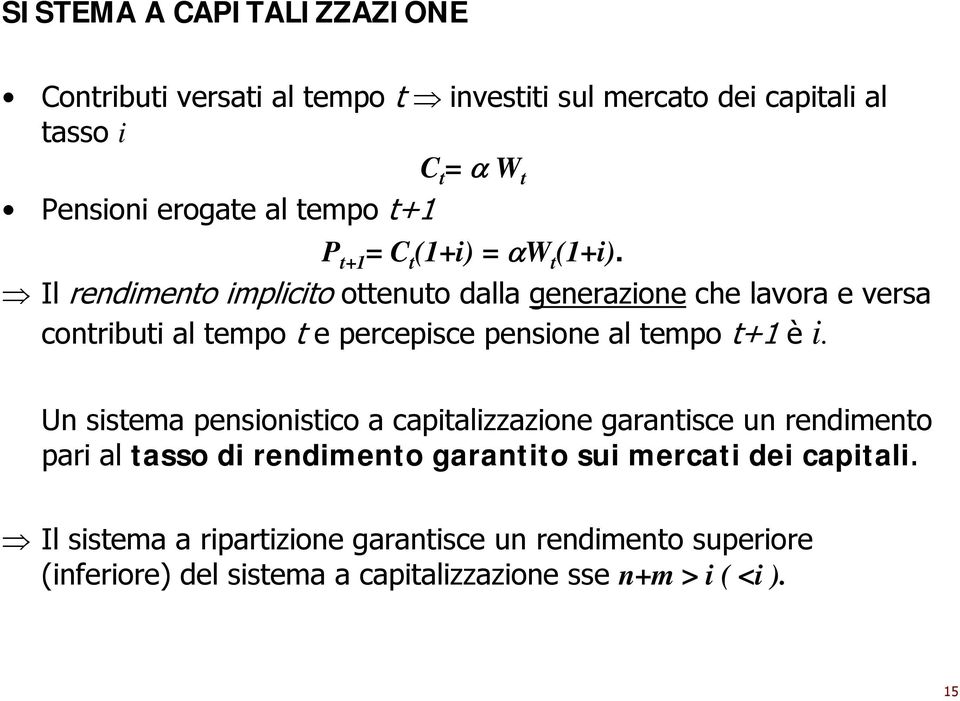 Il rendimento implicito ottenuto dalla generazione che lavora e versa contributi al tempo t e percepisce pensione al tempo t+1 è i.