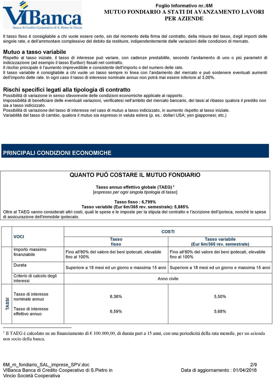 Mutuo a tasso variabile Rispetto al tasso iniziale, il tasso di interesse può variare, con cadenze prestabilite, secondo l andamento di uno o più parametri di indicizzazione (ad esempio il tasso