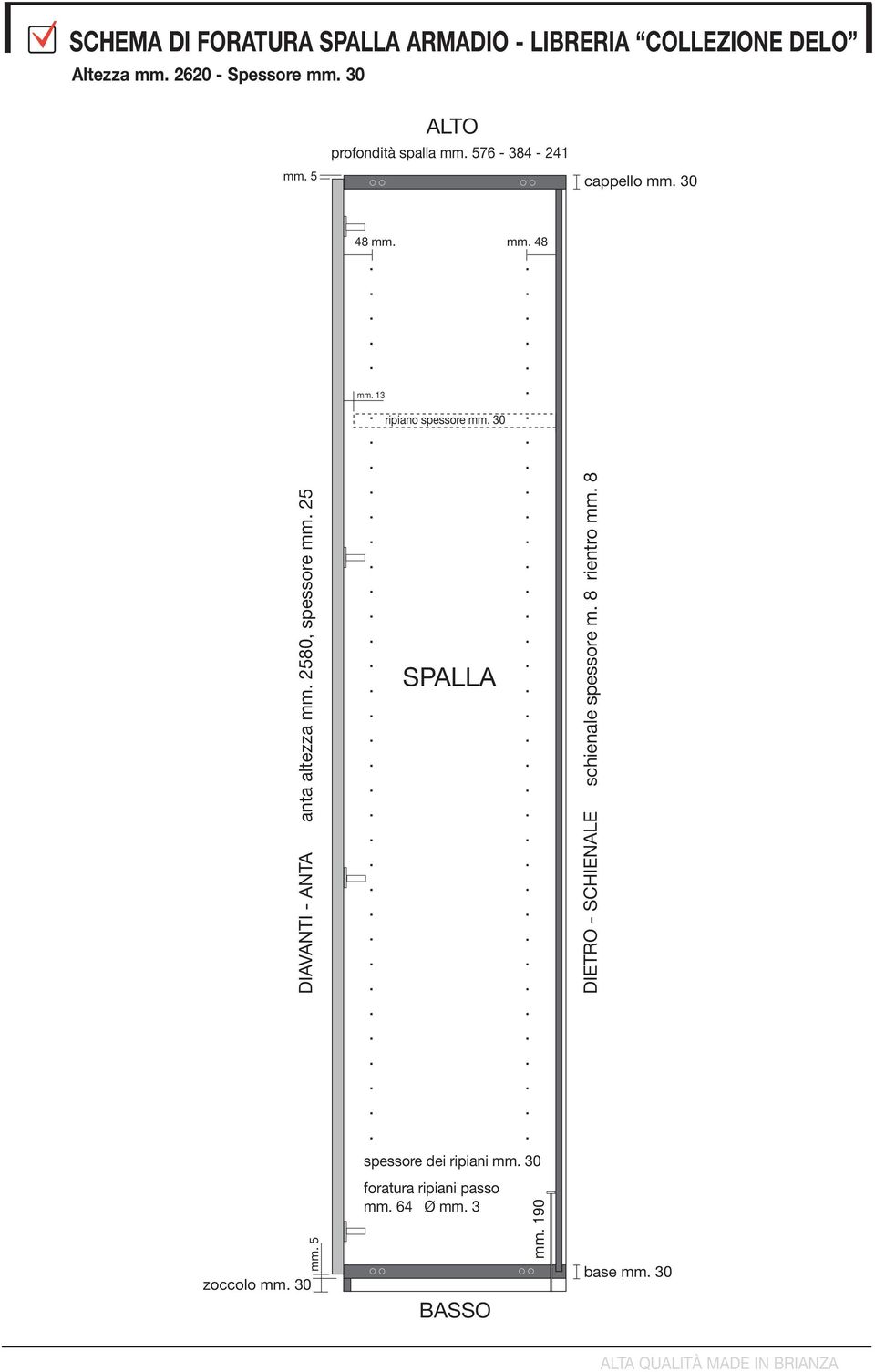 mm 0 mm 5 48 mm mm 48 mm 1 ripiano spessore mm 0 SPALLA BASSO spessore dei ripiani mm 0 foratura ripiani