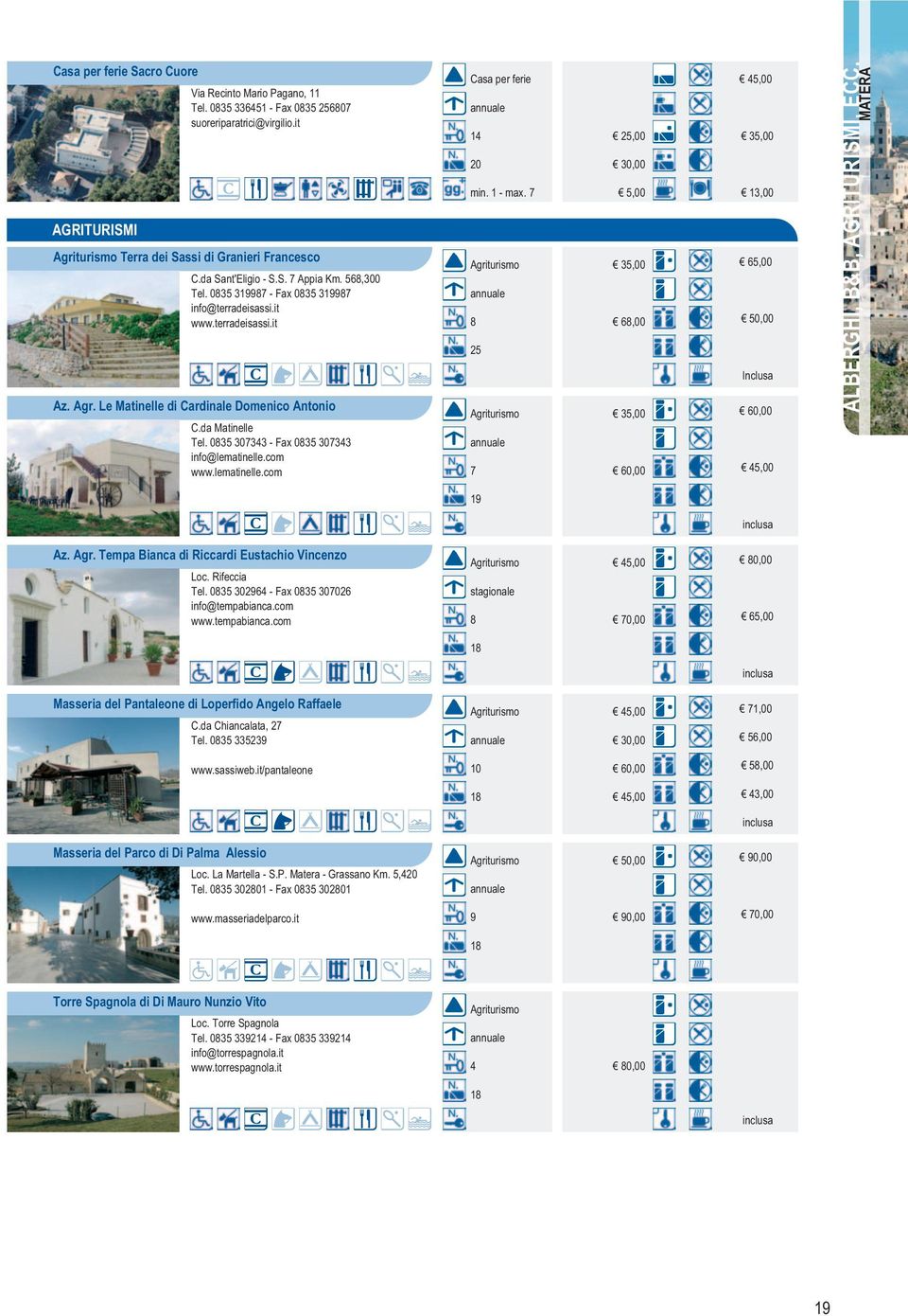 lematinelle.com Casa per ferie 0 min. - max. 7 5 7 5,00 30,00 5,00 35,00 6,00 35,00 35,00 3,00 Inclusa ALBERGHI, B&B, AGRITURISMI, ECC. MATERA Az. Agr. Tempa Bianca di Riccardi Eustachio Vincenzo Loc.