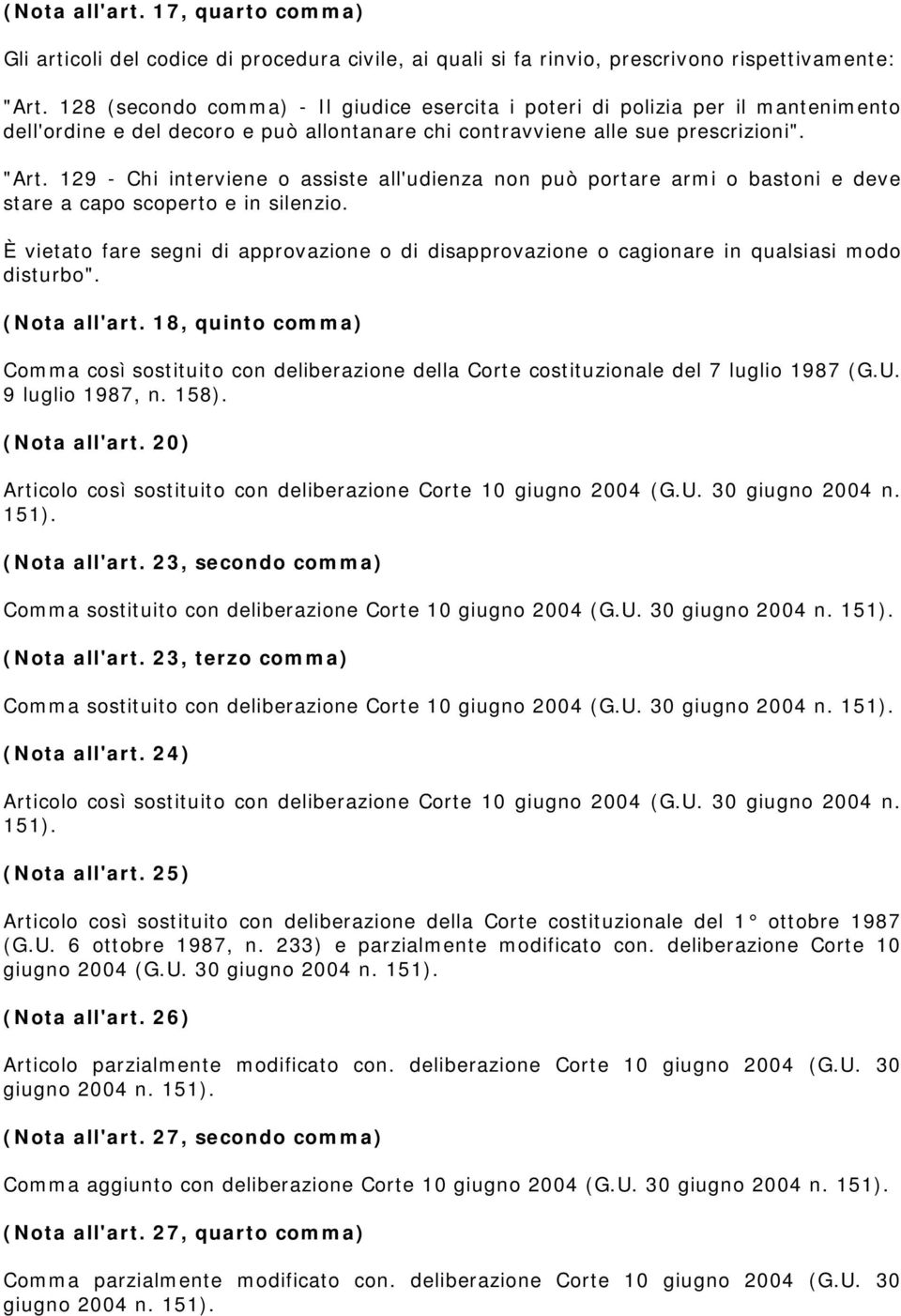 129 - Chi interviene o assiste all'udienza non può portare armi o bastoni e deve stare a capo scoperto e in silenzio.