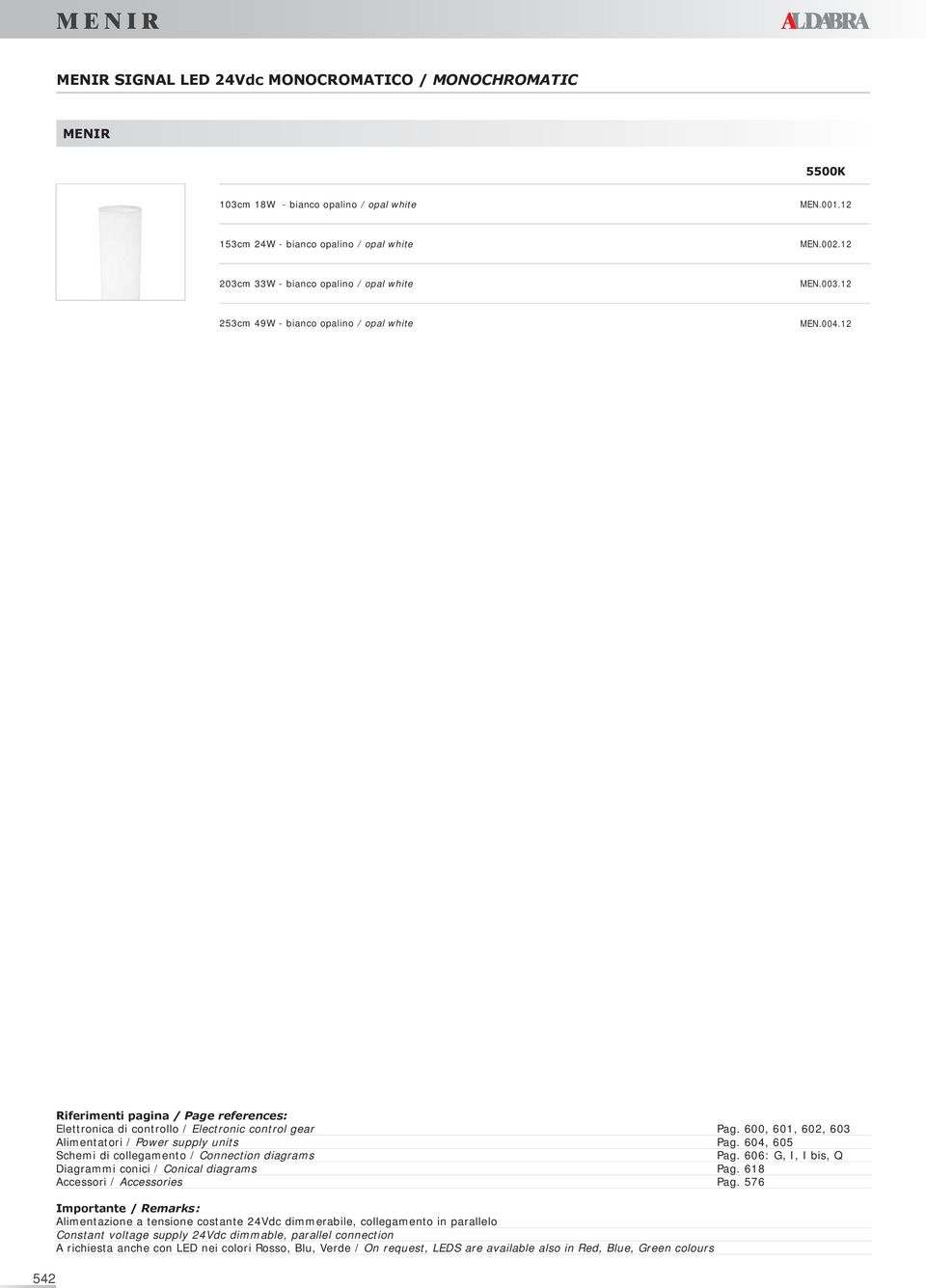 12 542 Riferimenti pagina / Page references: Elettronica di controllo / Electronic control gear Pag. 600, 601, 602, 603 Alimentatori / Power supply units Pag.