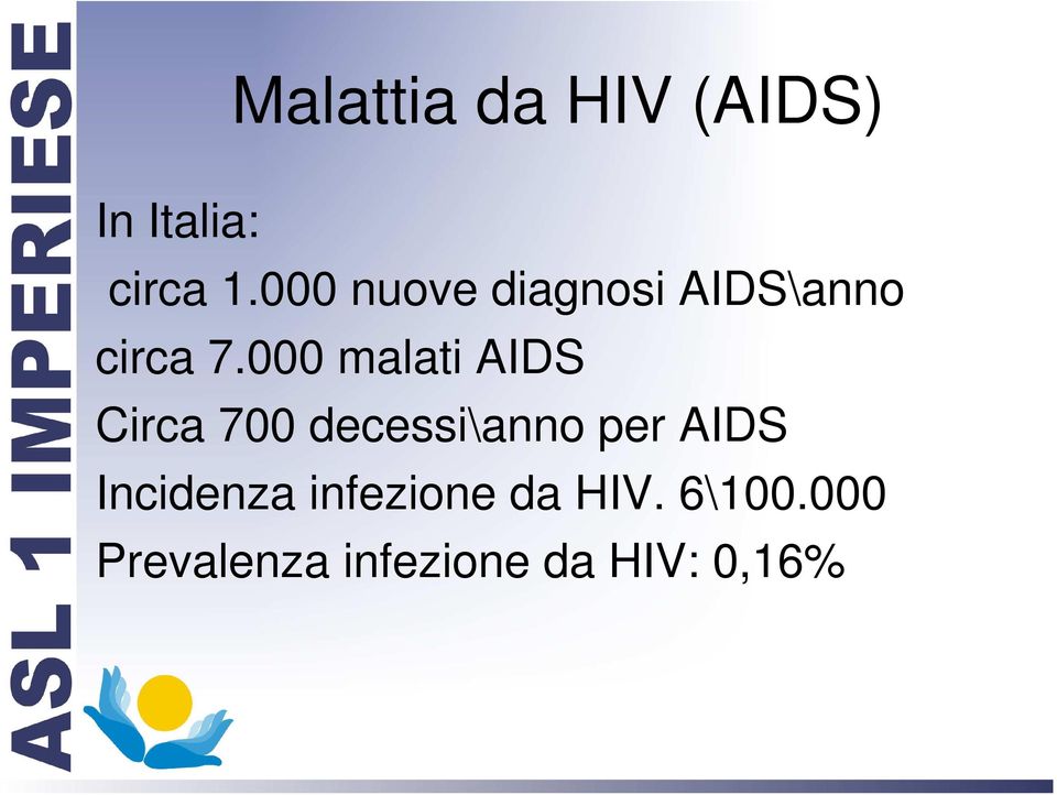 000 malati AIDS Circa 700 decessi\anno per AIDS