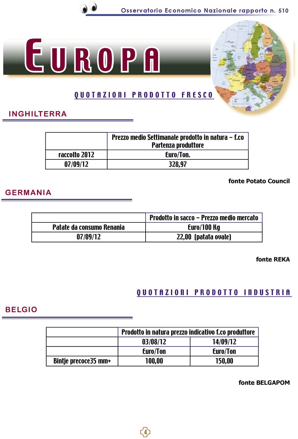 07/09/12 328,97 GERMANIA fonte Potato Council Prodotto in sacco - Prezzo medio mercato Patate da consumo Renania Euro/100 Kg 07/09/12