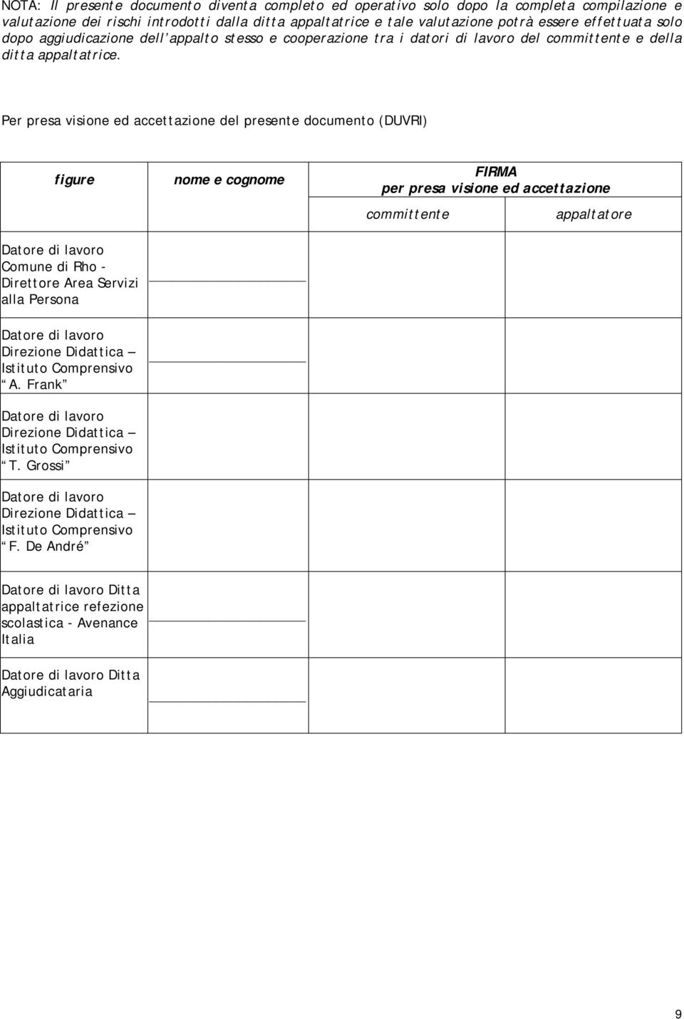 Per presa visione ed accettazione del presente documento (DUVRI) figure Comune di Rho - Direttore Area Servizi alla Persona Direzione Didattica Istituto Comprensivo A.