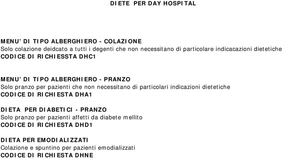 necessitano di particolari indicazioni dietetiche CODICE DI RICHIESTA DHA1 DIETA PER DIABETICI - PRANZO Solo pranzo per pazienti