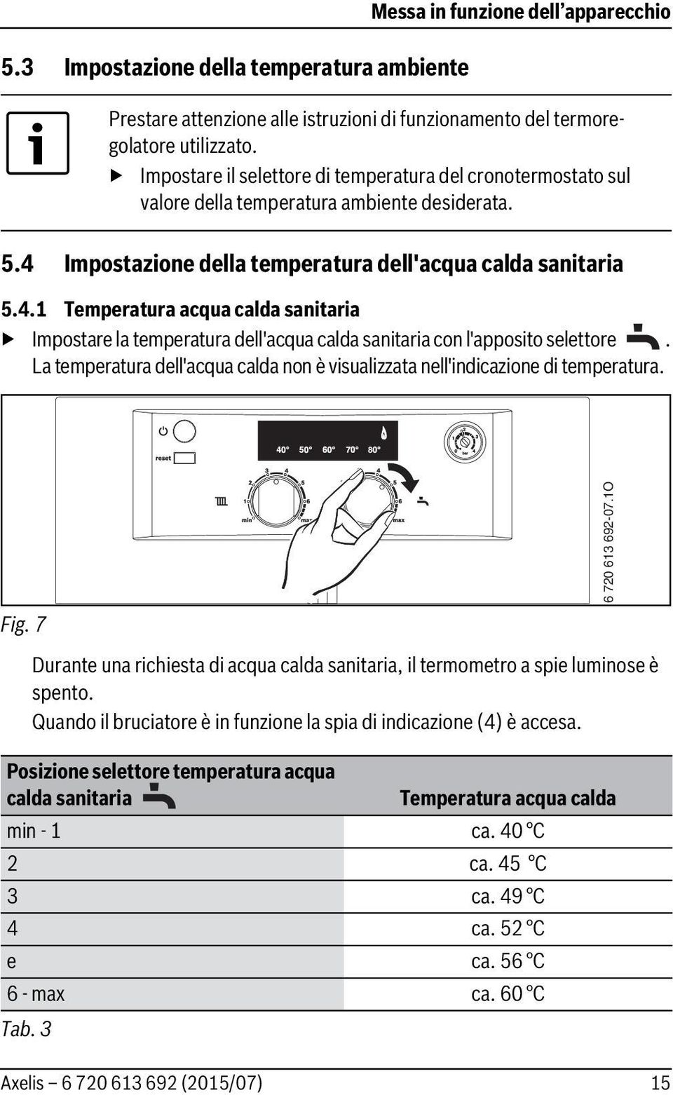 Impostazione della temperatura dell'acqua calda sanitaria 5.4.1 Temperatura acqua calda sanitaria Impostare la temperatura dell'acqua calda sanitaria con l'apposito selettore.
