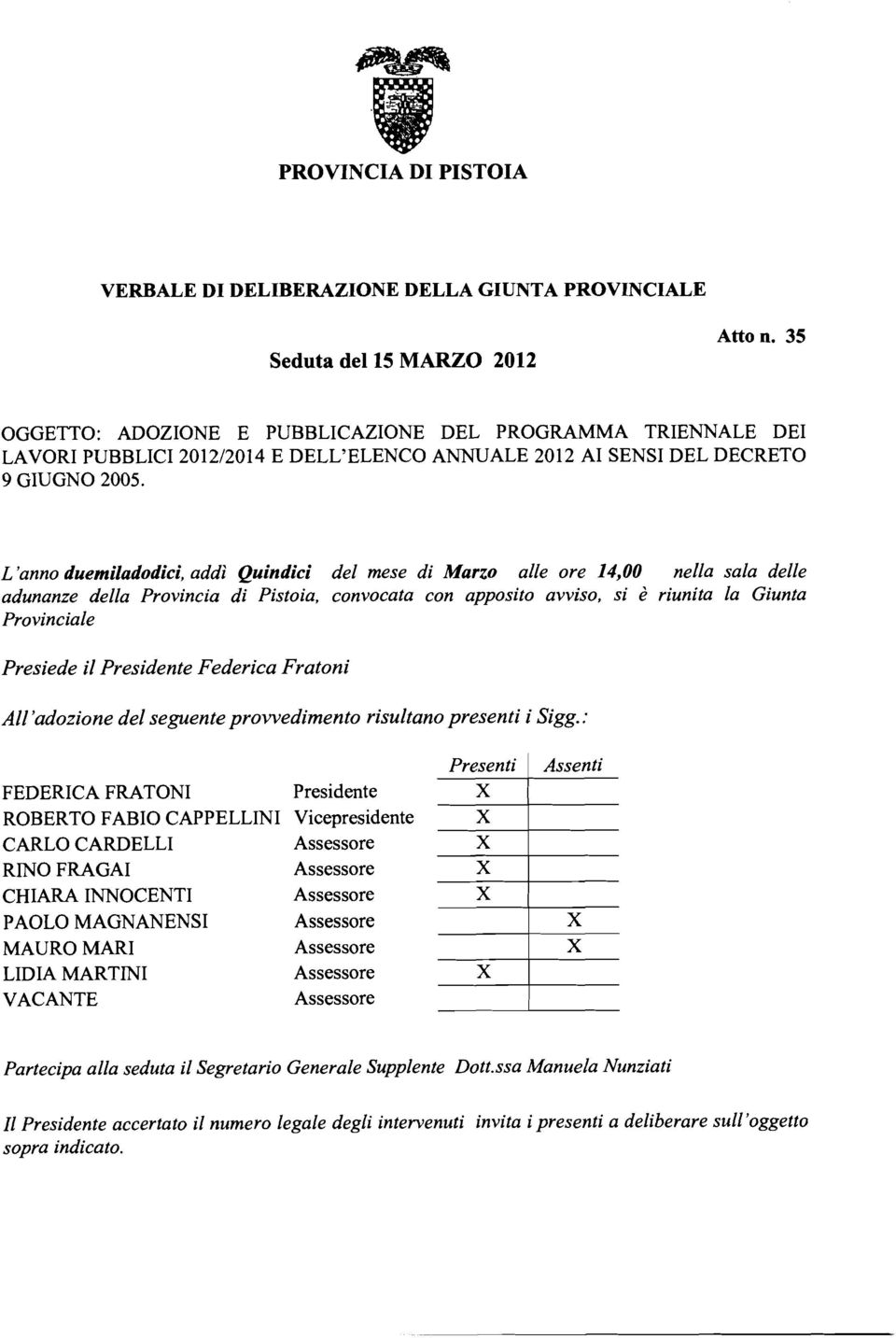 L'anno duemiladodici, addì Quindici del mese di Marzo alle ore 14,OO nella sala delle adunanze della Provincia di Pistoia, convocata con apposito avviso, si è riunita la Giunta Provinciale Presiede