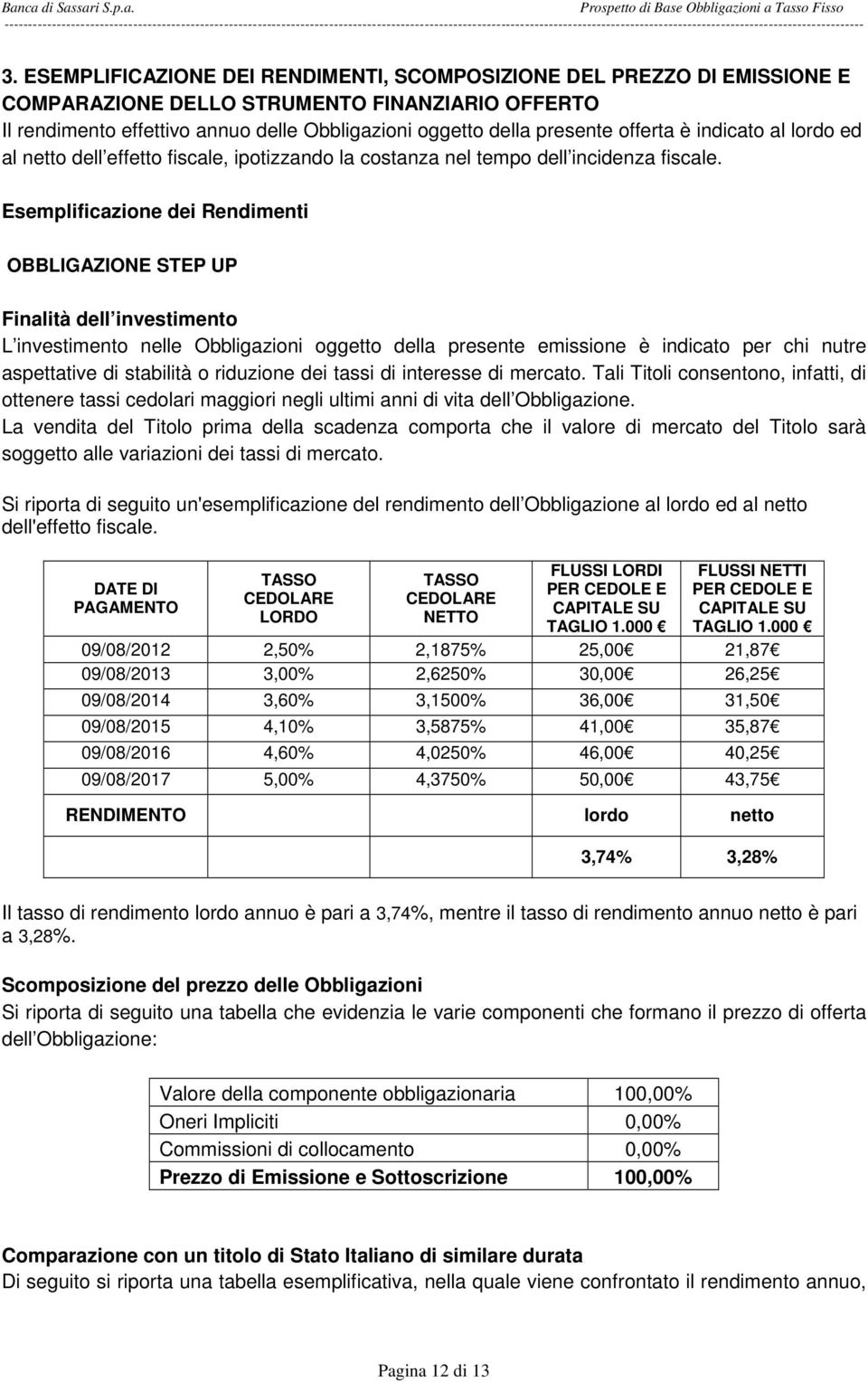 ESEMPLIFICAZIONE DEI RENDIMENTI, SCOMPOSIZIONE DEL PREZZO DI EMISSIONE E COMPARAZIONE DELLO STRUMENTO FINANZIARIO OFFERTO Il rendimento effettivo annuo delle Obbligazioni oggetto della presente