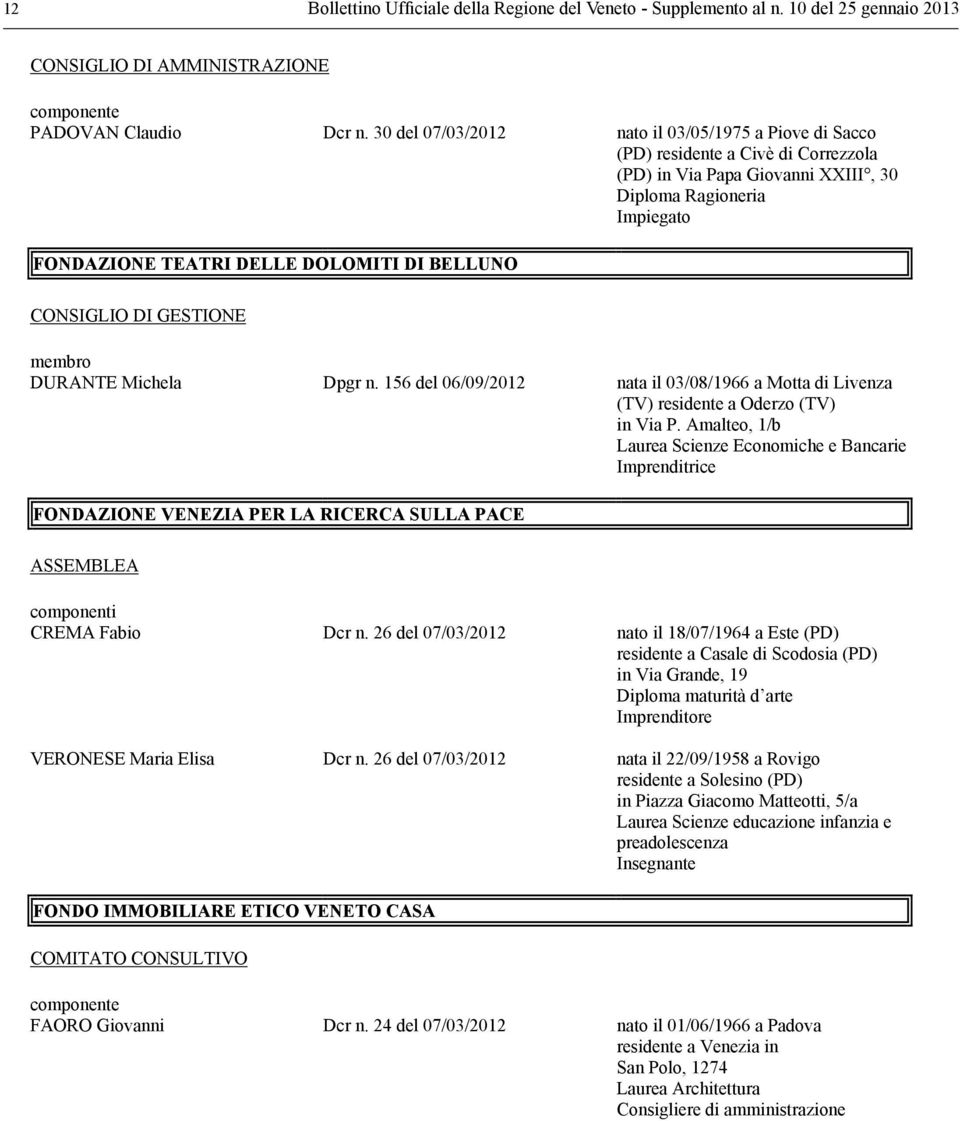 CONSIGLIO DI GESTIONE membro DURANTE Michela Dpgr n. 15 del 0/09/2012 nata il 03/0/19 a Motta di Livenza (TV) residente a Oderzo (TV) in Via P.
