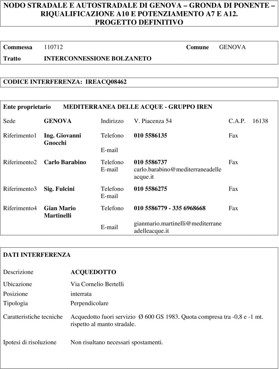 Piacenza 54 C.A.P. 16138 Riferimento1 Ing. Giovanni Gnocchi Telefono 010 5586135 Fax Riferimento2 Carlo Barabino Telefono 010 5586737 Fax carlo.barabino@mediterraneadelle acque.it Riferimento3 Sig.