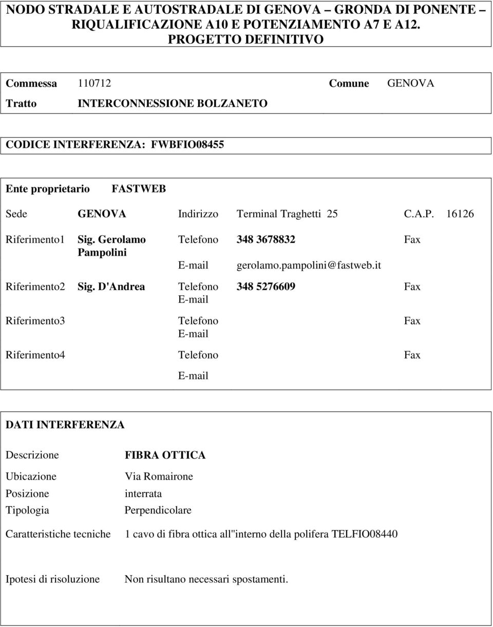 A.P. 16126 Riferimento1 Sig. Gerolamo Pampolini Telefono 348 3678832 Fax gerolamo.pampolini@fastweb.it Riferimento2 Sig.