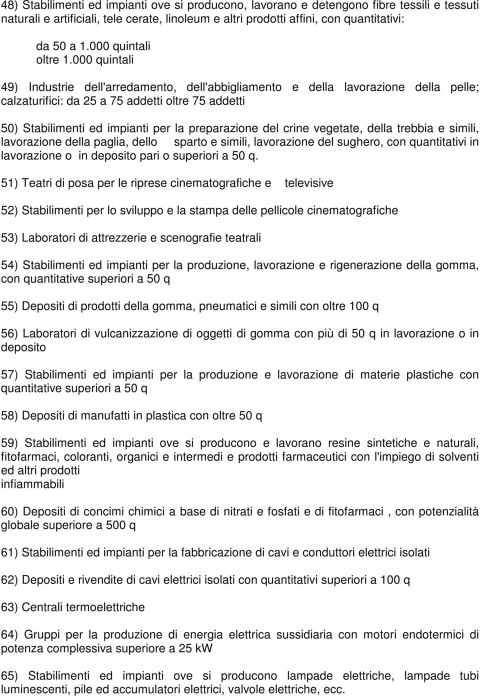 000 quintali 49) Industrie dell'arredamento, dell'abbigliamento e della lavorazione della pelle; calzaturifici: da 25 a 75 addetti oltre 75 addetti 50) Stabilimenti ed impianti per la preparazione