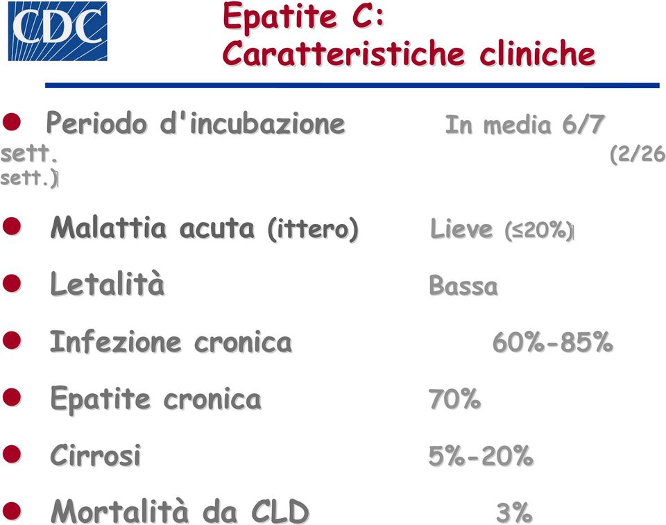 sett Malattia acuta (ittero) Letalità Lieve ( 20%) ( 20%