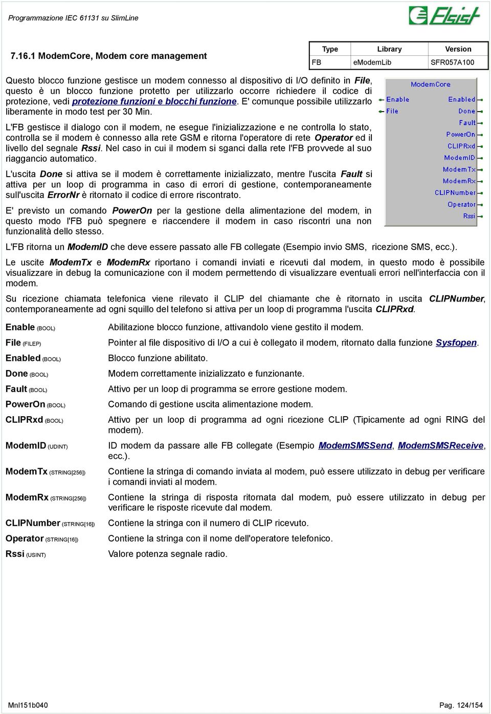 L'FB gestisce il dialogo con il modem, ne esegue l'inizializzazione e ne controlla lo stato, controlla se il modem è connesso alla rete GSM e ritorna l'operatore di rete Operator ed il livello del