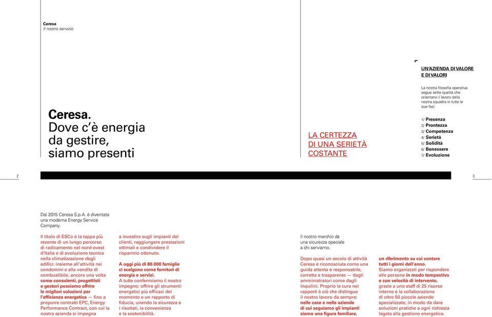 Presenza 2/ Prontezza 3/ Competenza 4/ Serietà 5/ Solidità 6/ Benessere 7/ Evoluzione 2 3 Dal 2015 Ceresa S.p.A. è diventata una moderna Energy Service Company.