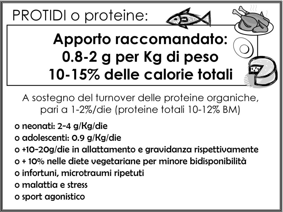 1-2%/die (proteine totali 10-12% BM) o neonati: 2-4 g/kg/die o adolescenti: 0.
