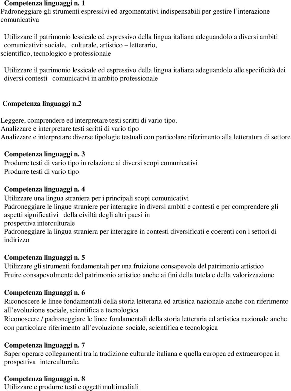 diversi ambiti comunicativi: sociale, culturale, artistico letterario, scientifico, tecnologico e professionale Utilizzare il patrimonio lessicale ed espressivo della lingua italiana adeguandolo alle