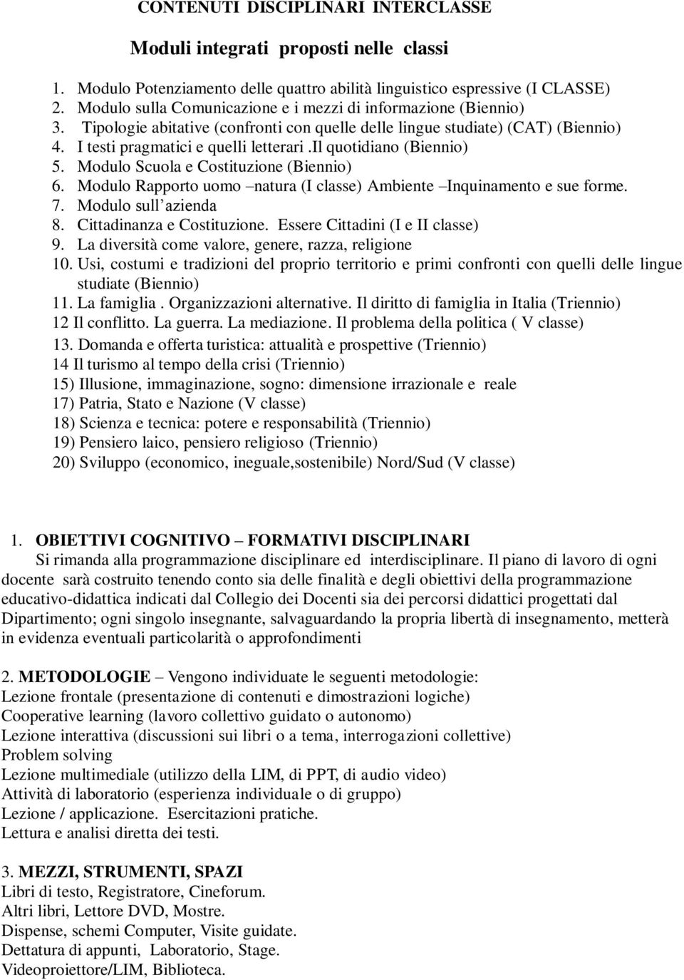 Modulo Scuola e Costituzione () 6. Modulo Rapporto uomo natura (I classe) Ambiente Inquinamento e sue forme. 7. Modulo sull azienda 8. Cittadinanza e Costituzione. Essere Cittadini (I e II classe) 9.