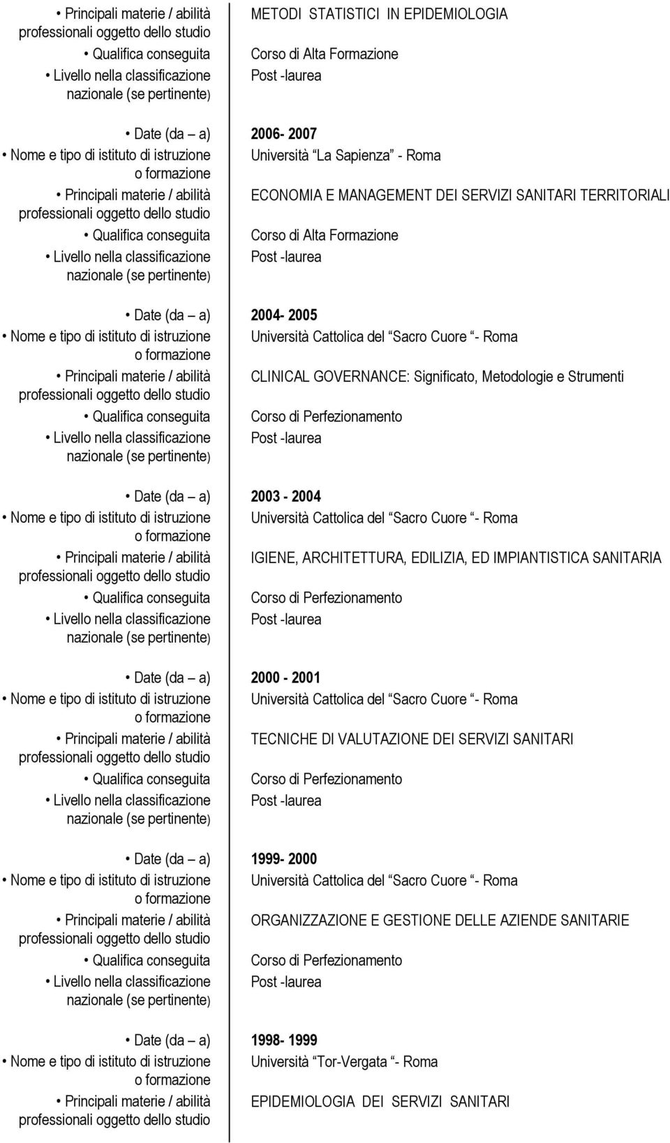 Principali materie / abilità CLINICAL GOVERNANCE: Significato, Metodologie e Strumenti Date (da a) 2003-2004 Principali materie / abilità IGIENE, ARCHITETTURA, EDILIZIA, ED IMPIANTISTICA SANITARIA