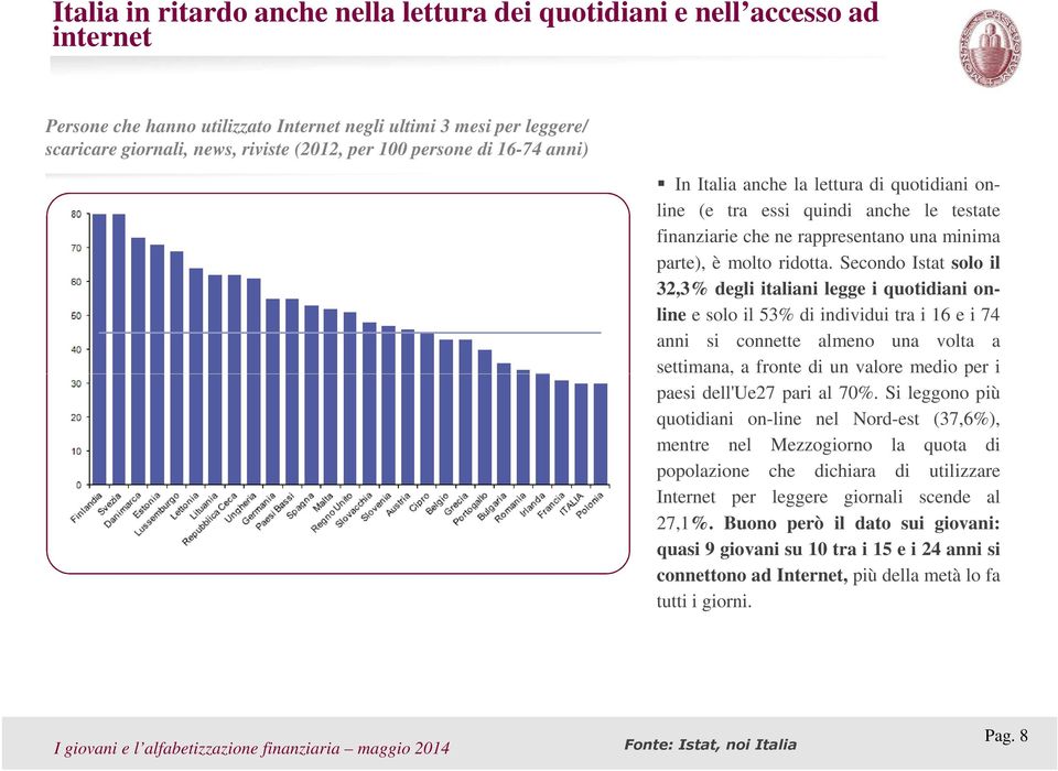Secondo Istat solo il 32,3% degli italiani legge i quotidiani online e solo il 53% di individui tra i 16 e i 74 anni si connette almeno una volta a settimana, a fronte di un valore medio per i paesi