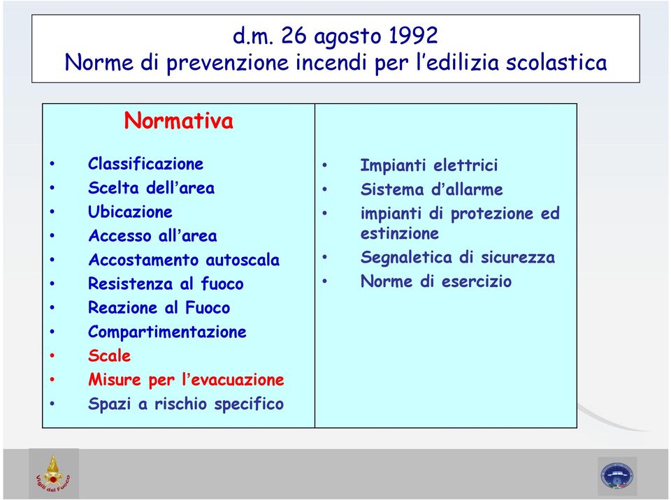 fuoco Reazione al Fuoco Compartimentazione Scale Misure per l evacuazione Spazi a rischio specifico