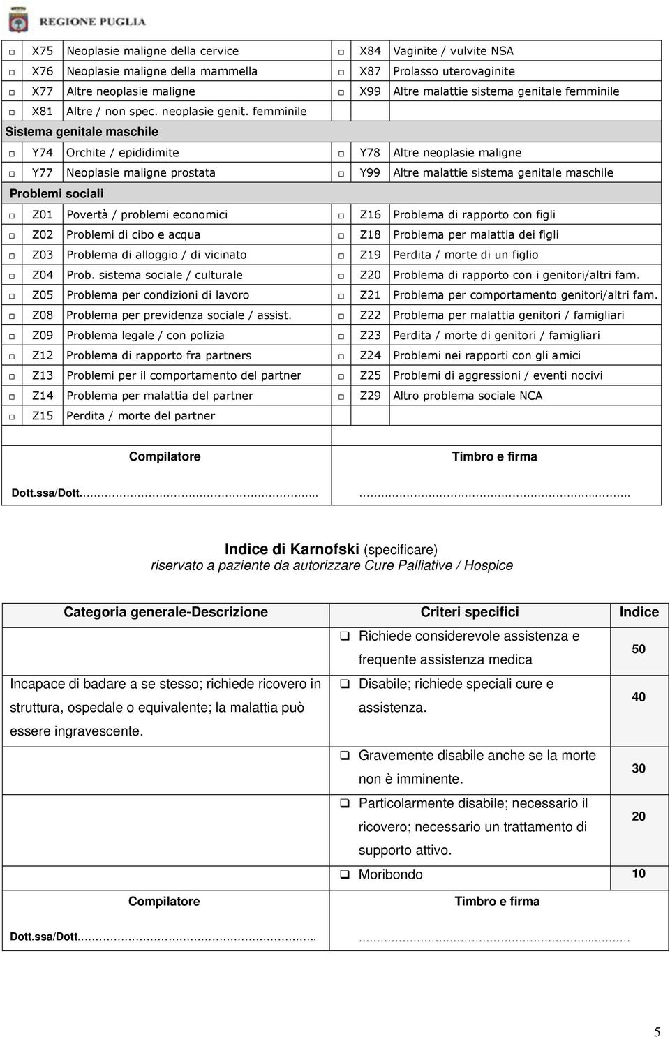 femminile Sistema genitale maschile Y74 Orchite / epididimite Y78 Altre neoplasie maligne Y77 Neoplasie maligne prostata Y99 Altre malattie sistema genitale maschile Problemi sociali Z01 Povertà /