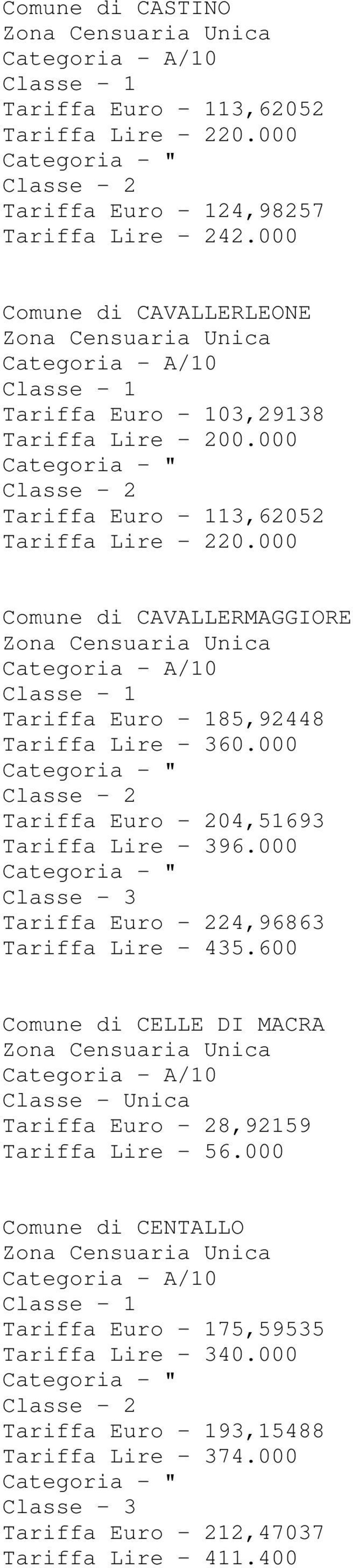 000 Comune di CAVALLERMAGGIORE Tariffa Euro - 185,92448 Tariffa Lire - 360.000 Tariffa Euro - 204,51693 Tariffa Lire - 396.