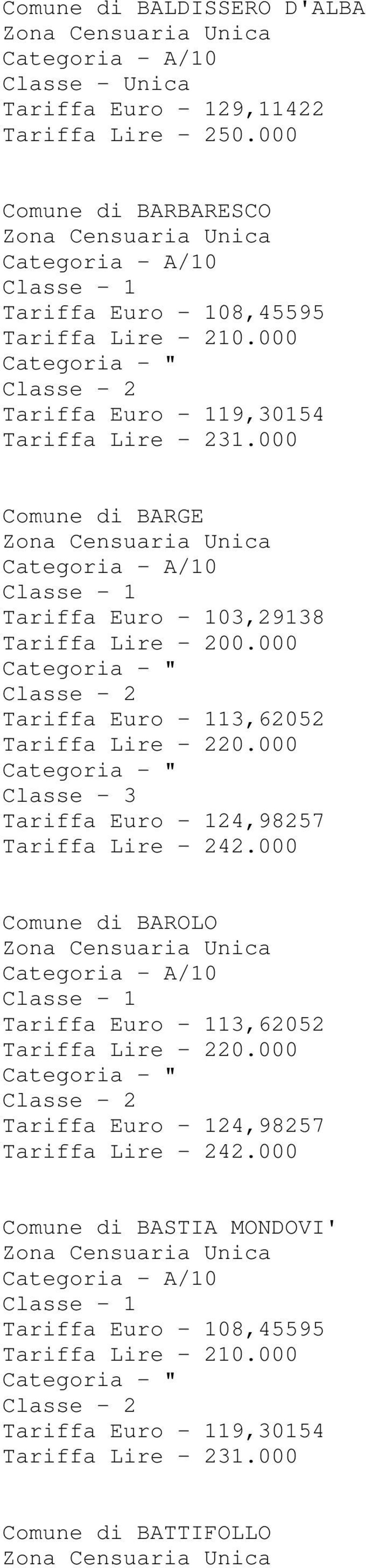 000 Tariffa Euro - 113,62052 Tariffa Lire - 220.000 Tariffa Euro - 124,98257 Tariffa Lire - 242.