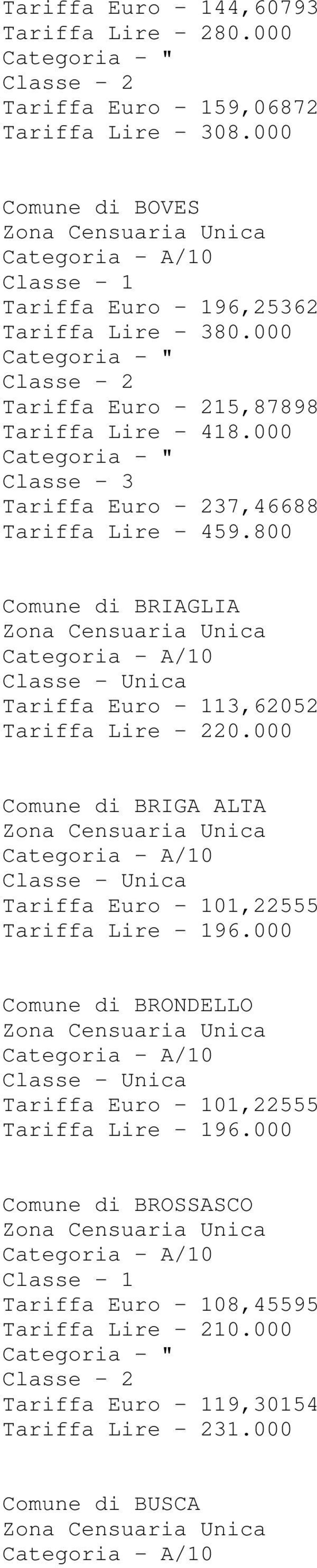 000 Tariffa Euro - 237,46688 Tariffa Lire - 459.800 Comune di BRIAGLIA Tariffa Euro - 113,62052 Tariffa Lire - 220.